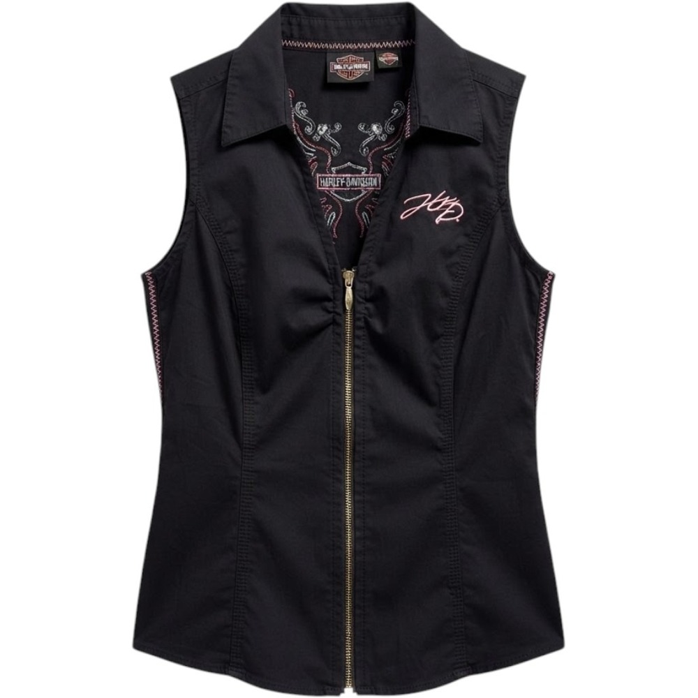 Harley-Davidson Womens Small Black Embroidered Wing Logo Zip Sleeveless Top